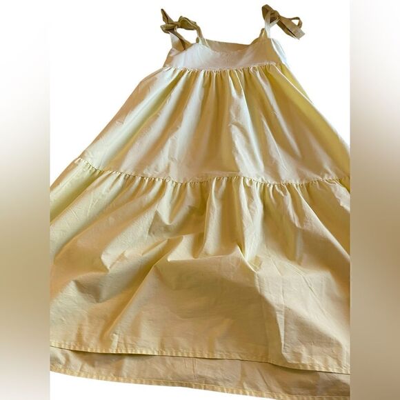 EUC Yellow Stradivarius Tiered PoplinMidi Dress with Bunny Ties - Picture 6 of 9